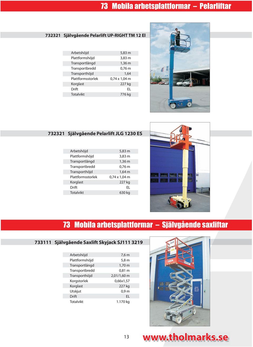 Plattformsstorlek, m, m, m, m, m, x, m kg EL kg Mobila arbetsplattformar