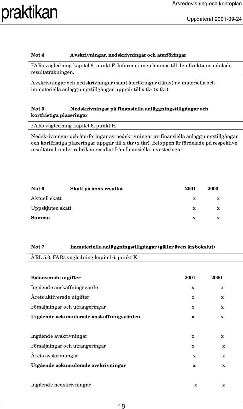 Not 5 Nedskrivningar på finansiella anläggningstillgångar och kortfristiga placeringar FARs vägledning kapitel 6, punkt H Nedskrivningar och återföringar av nedskrivningar av finansiella