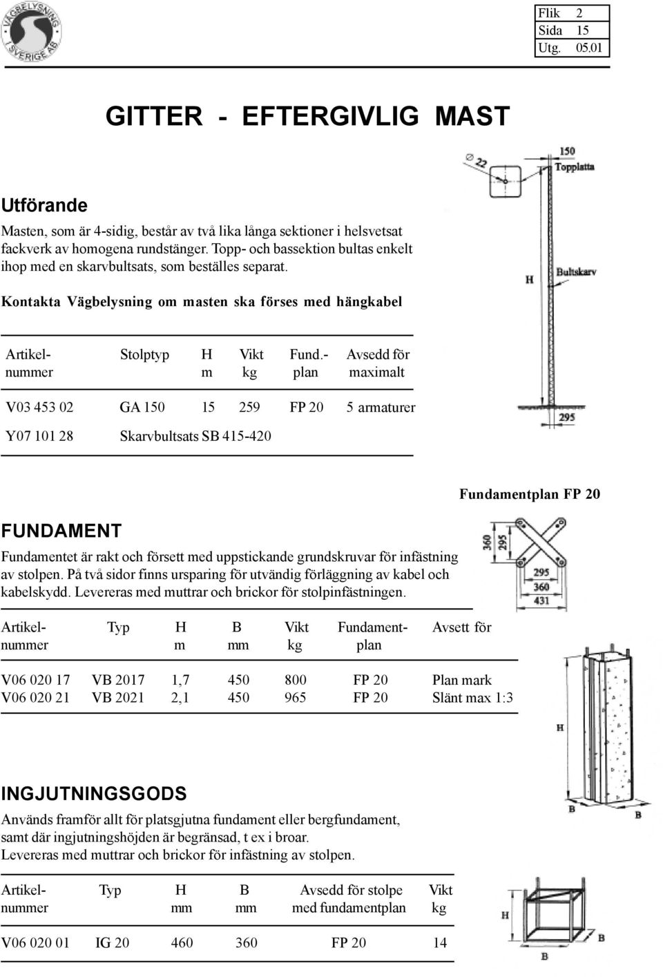 - Avsedd för nummer m kg plan maximalt V03 453 02 GA 150 15 259 FP 20 5 armaturer Y07 101 28 Skarvbultsats SB 415-420 FUNDAMENT Fundamentet är rakt och försett med uppstickande grundskruvar för