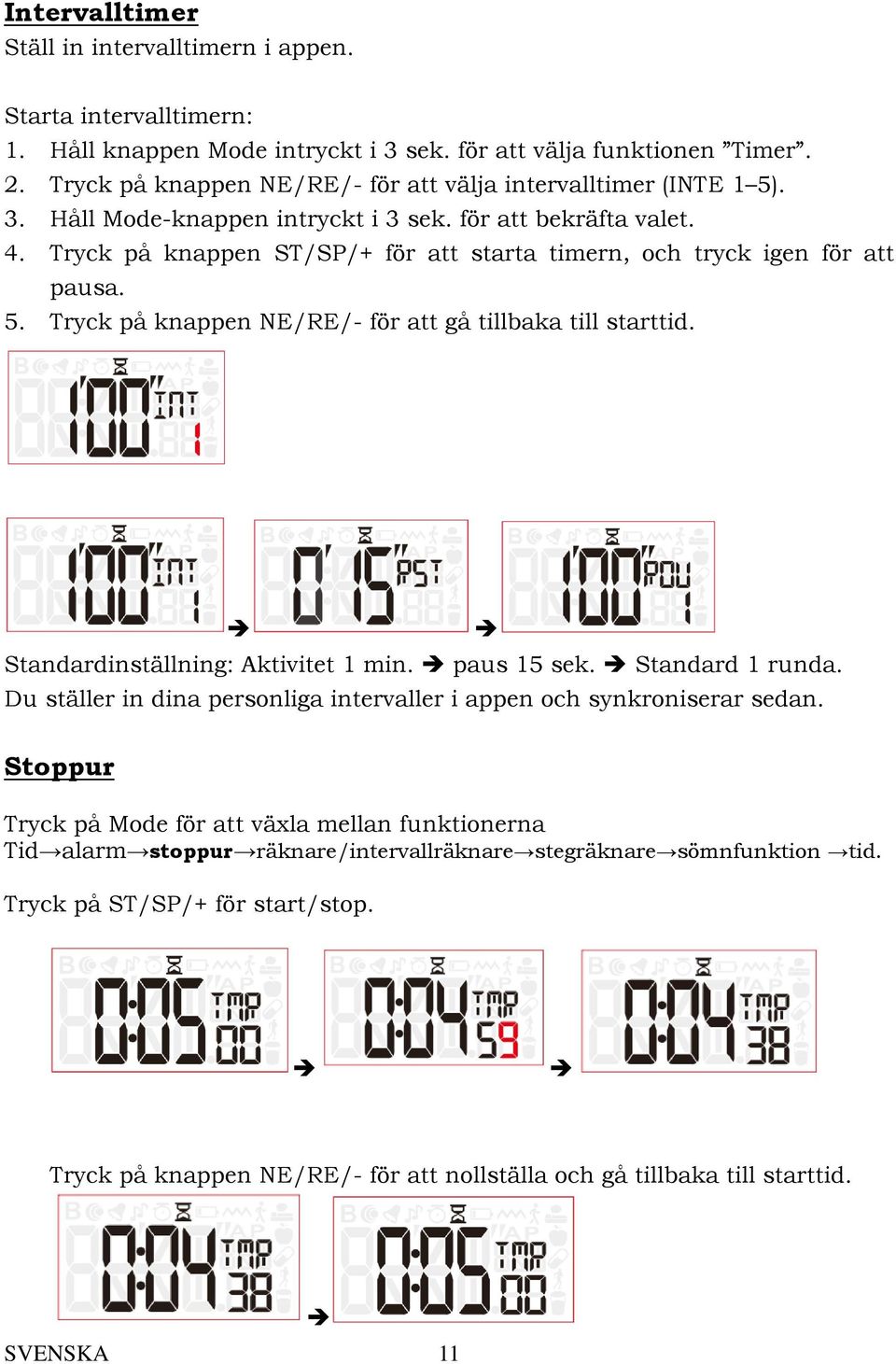 Tryck på knappen ST/SP/+ för att starta timern, och tryck igen för att pausa. 5. Tryck på knappen NE/RE/- för att gå tillbaka till starttid. Standardinställning: Aktivitet 1 min. paus 15 sek.