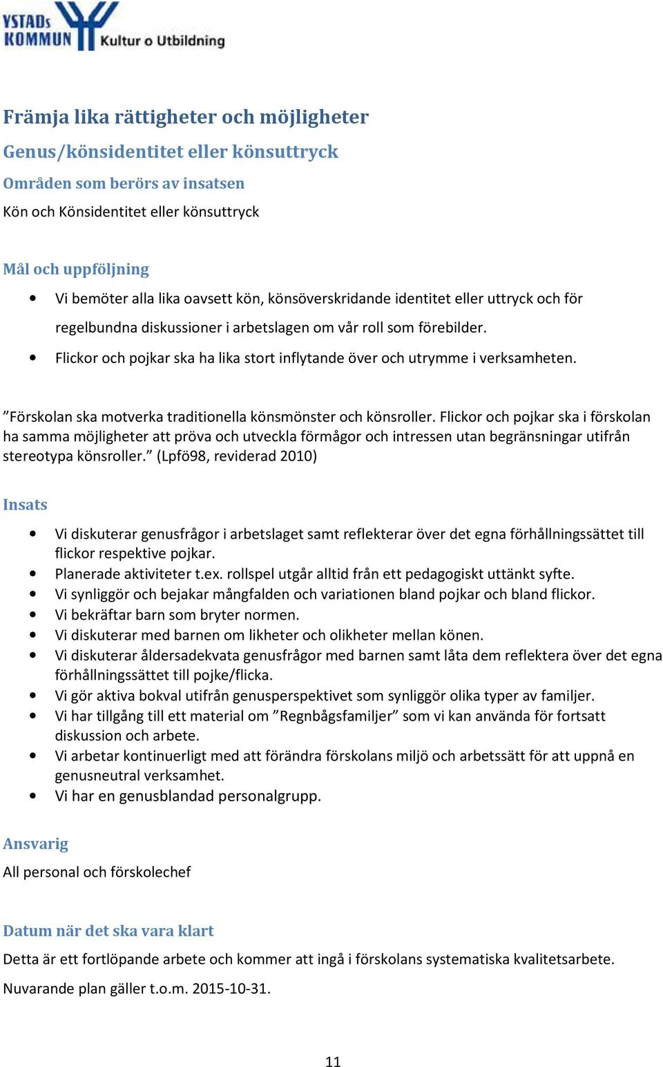 Flickor och pojkar ska ha lika stort inflytande över och utrymme i verksamheten. Förskolan ska motverka traditionella könsmönster och könsroller.