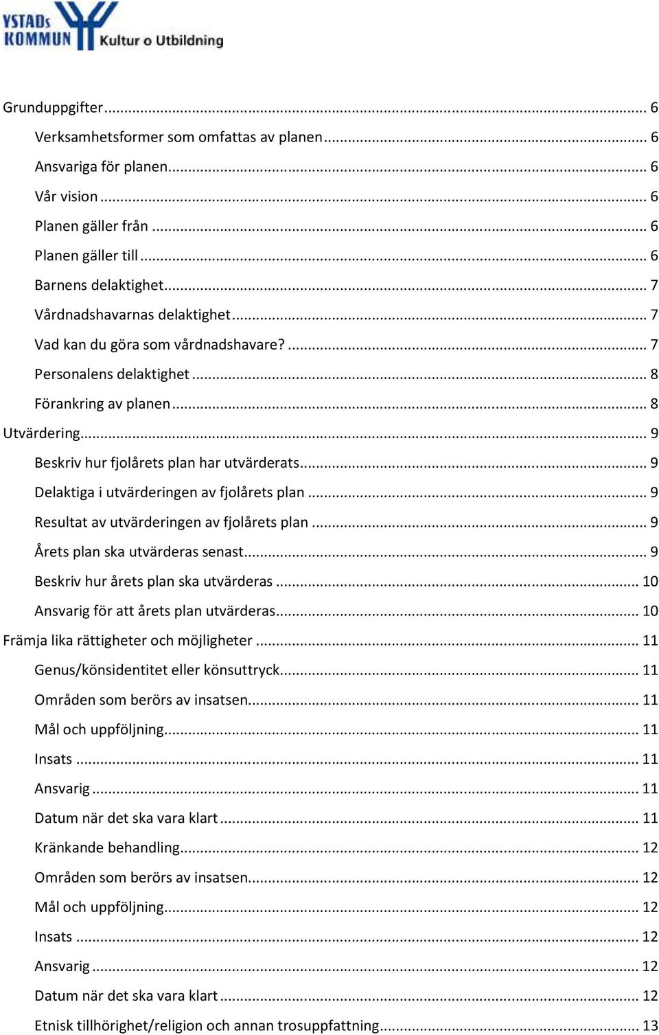 .. 9 Delaktiga i utvärderingen av fjolårets plan... 9 Resultat av utvärderingen av fjolårets plan... 9 Årets plan ska utvärderas senast... 9 Beskriv hur årets plan ska utvärderas.