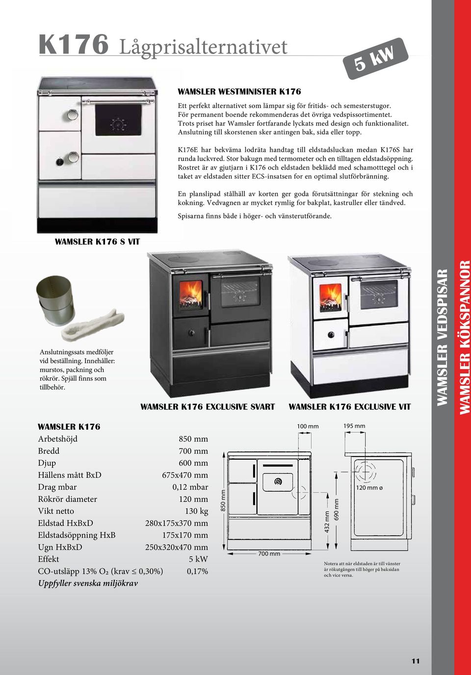 K176E har bekväma lodräta handtag till eldstadsluckan medan K176S har runda luckvred. Stor bakugn med termometer och en tilltagen eldstadsöppning.