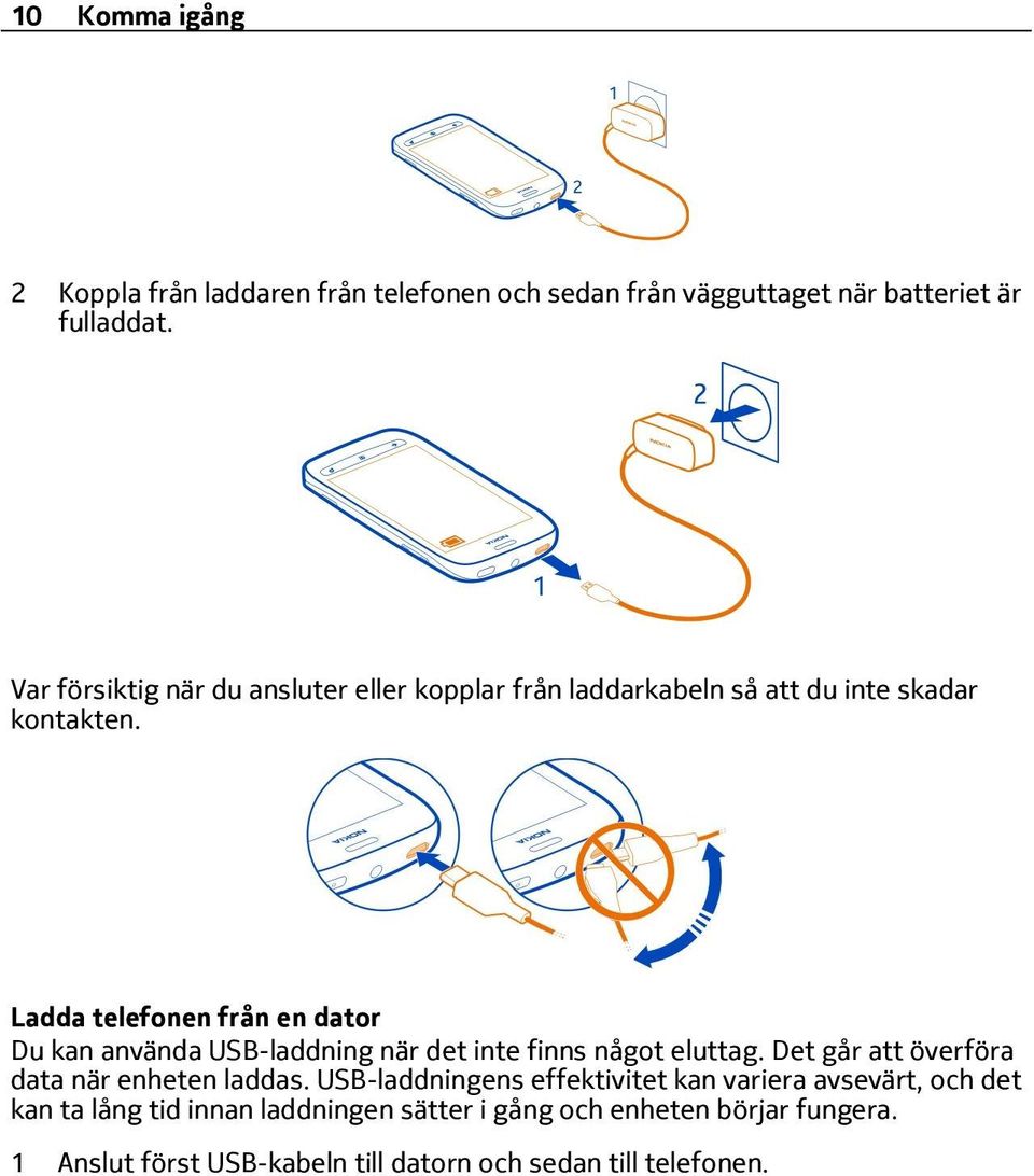 Ladda telefonen från en dator Du kan använda USB-laddning när det inte finns något eluttag.