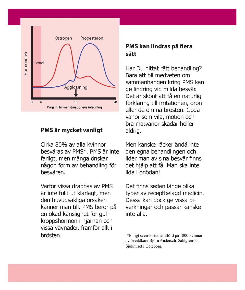 PMS beror på en ökad känslighet för gulkroppshormon i hjärnan och vissa vävnader, framför allt i brösten. Har Du hittat rätt behandling?