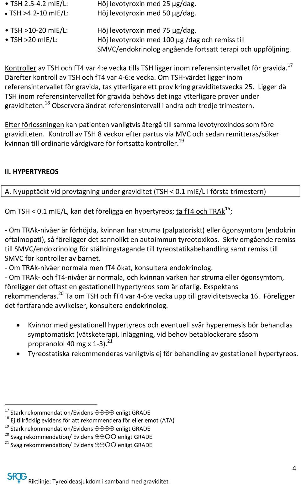 Kontroller av TSH och ft4 var 4:e vecka tills TSH ligger inom referensintervallet för gravida. 17 Därefter kontroll av TSH och ft4 var 4-6:e vecka.