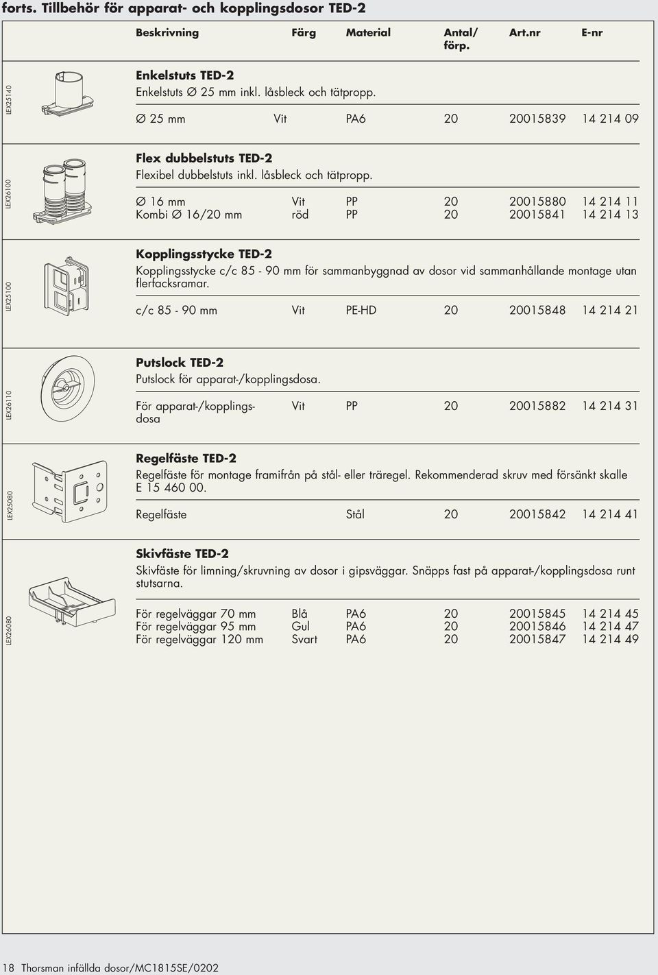 Ø 25 mm Vit PA6 20 20015839 14 214 09 Flex dubbelstuts TED-2 Flexibel dubbelstuts inkl. låsbleck och tätpropp.