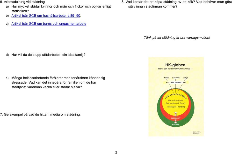 c) Artikel från SCB om barns och ungas hemarbete Tänk på att städning är bra vardagsmotion! d) Hur vill du dela upp städarbetet i din idealfamilj?