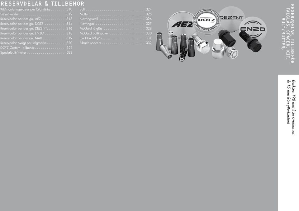 ........ 320 DOTZ Custom - tillbehör............... 322 Specialbult/mutter................... 323 Bult............................. 324 Mutter........................... 325 Navringsställ.