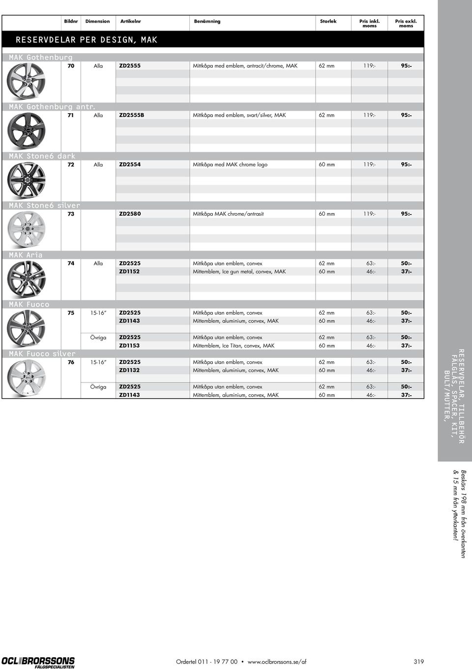 chrome/antrasit 60 mm 119:- 95:- MAK Aria 74 Alla ZD2525 Mittkåpa utan emblem, convex 62 mm 63:- 50:- ZD1152 Mittemblem, Ice gun metal, convex, MAK 60 mm 46:- 37:- MAK Fuoco 75 15-16 ZD2525 Mittkåpa