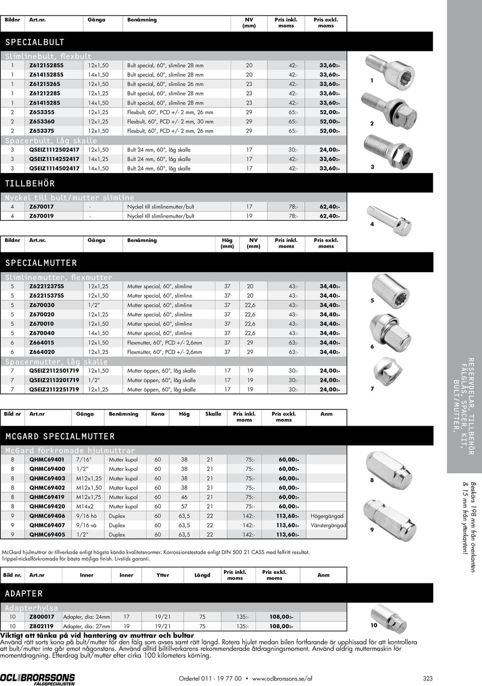 60, slimline 26 mm 23 42:- 33,60:- 1 Z6121228S 12x1,25 Bult special, 60, slimline 28 mm 23 42:- 33,60:- 1 Z6141528S 14x1,50 Bult special, 60, slimline 28 mm 23 42:- 33,60:- 2 Z653355 12x1,25