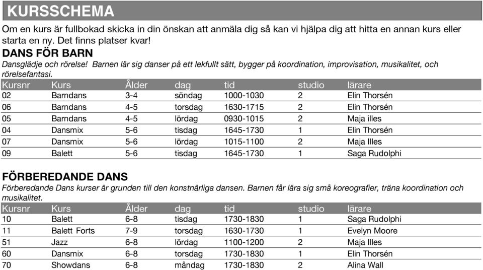 Kursnr Kurs Ålder dag tid studio lärare 02 Barndans 3-4 söndag 1000-1030 2 Elin Thorsén 06 Barndans 4-5 torsdag 1630-1715 2 Elin Thorsén 05 Barndans 4-5 lördag 0930-1015 2 Maja illes 04 Dansmix 5-6