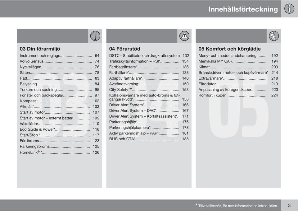 .. 153 Fönster och backspeglar... 97 Kollisionsvarnare med auto-broms & fotgängarskydd*... 158 Kompass*... 102 Alkolås*... 103 Driver Alert System*... 166 Start av motor... 107 Driver Alert System DAC*.