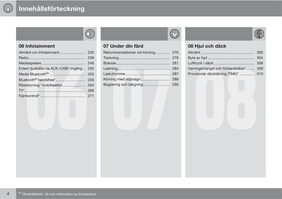 .. 287 Bluetooth handsfree*... 256 Körning med släpvagn... 289 Röststyrning* mobiltelefon... 264 Bogsering och bärgning... 295 TV*... 268 Fjärrkontroll*.