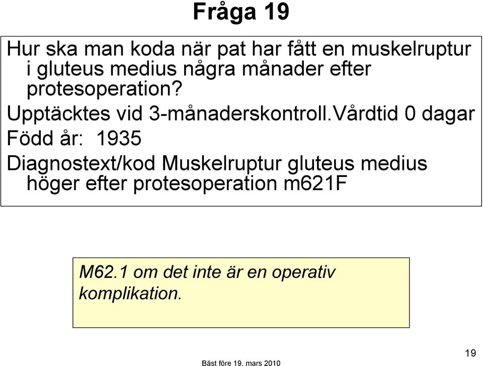 Vårdtid 0 dagar Född år: 1935 Diagnostext/kod Muskelruptur gluteus medius