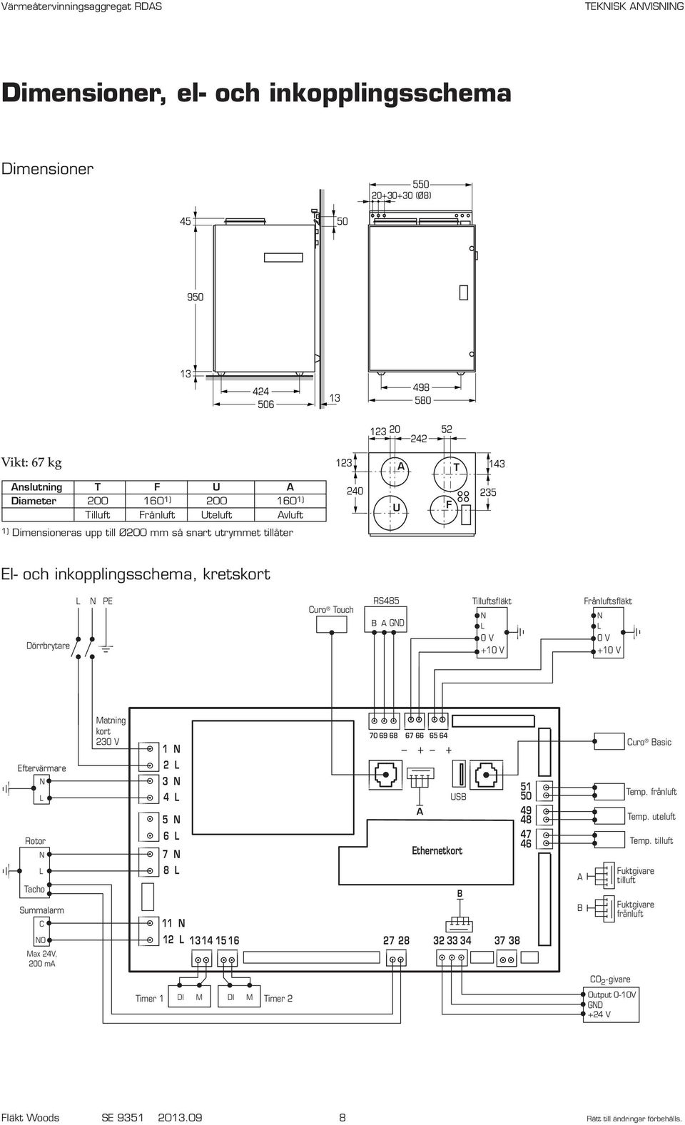 0 V +10 V Frånluftsfläkt N L 0 V +10 V Eftervärmare N L Rotor N L Tacho Summalarm C NO Max 24V, 200 ma Matning kort 230 V 1 N 2 L 3 N 4 L 5 N 6 L 7 N 8 L 11 N 12 L 1314 15 16 70 69 68 67 66 65 64 27