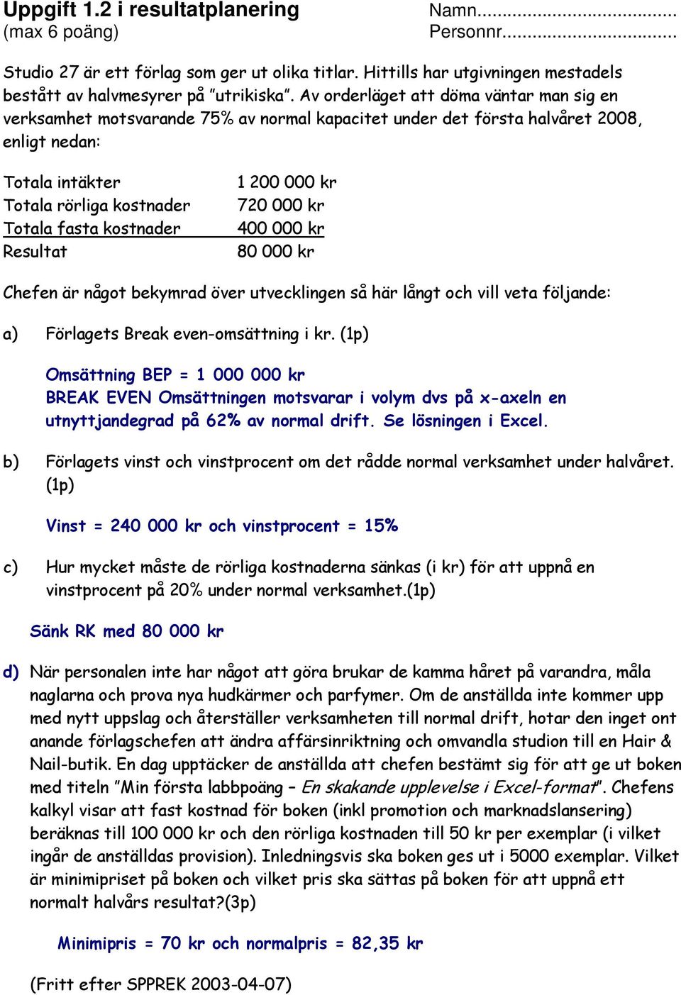 Resultat 1 200 000 kr 720 000 kr 400 000 kr 80 000 kr Chefen är något bekymrad över utvecklingen så här långt och vill veta följande: a) Förlagets Break even-omsättning i kr.