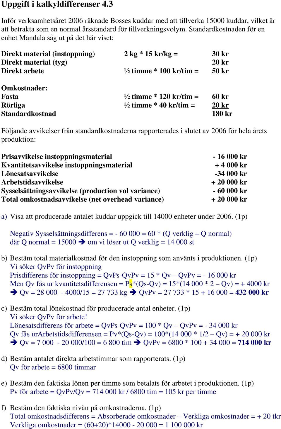 Omkostnader: Fasta ½ timme * 120 kr/tim = 60 kr Rörliga ½ timme * 40 kr/tim = 20 kr Standardkostnad 180 kr Följande avvikelser från standardkostnaderna rapporterades i slutet av 2006 för hela årets