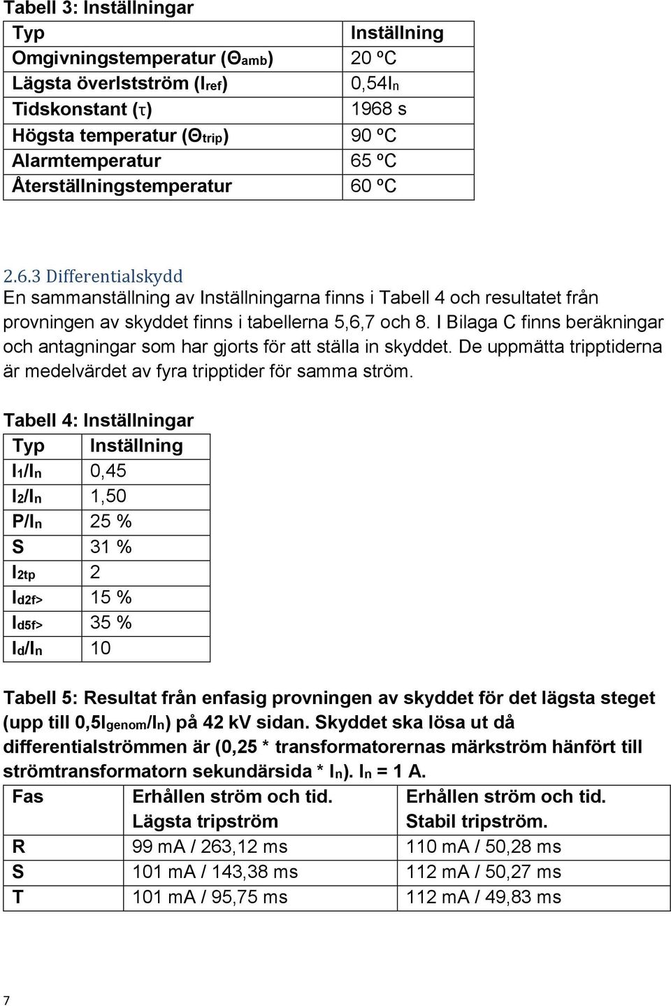 I Bilaga C finns beräkningar och antagningar som har gjorts för att ställa in skyddet. De uppmätta tripptiderna är medelvärdet av fyra tripptider för samma ström.