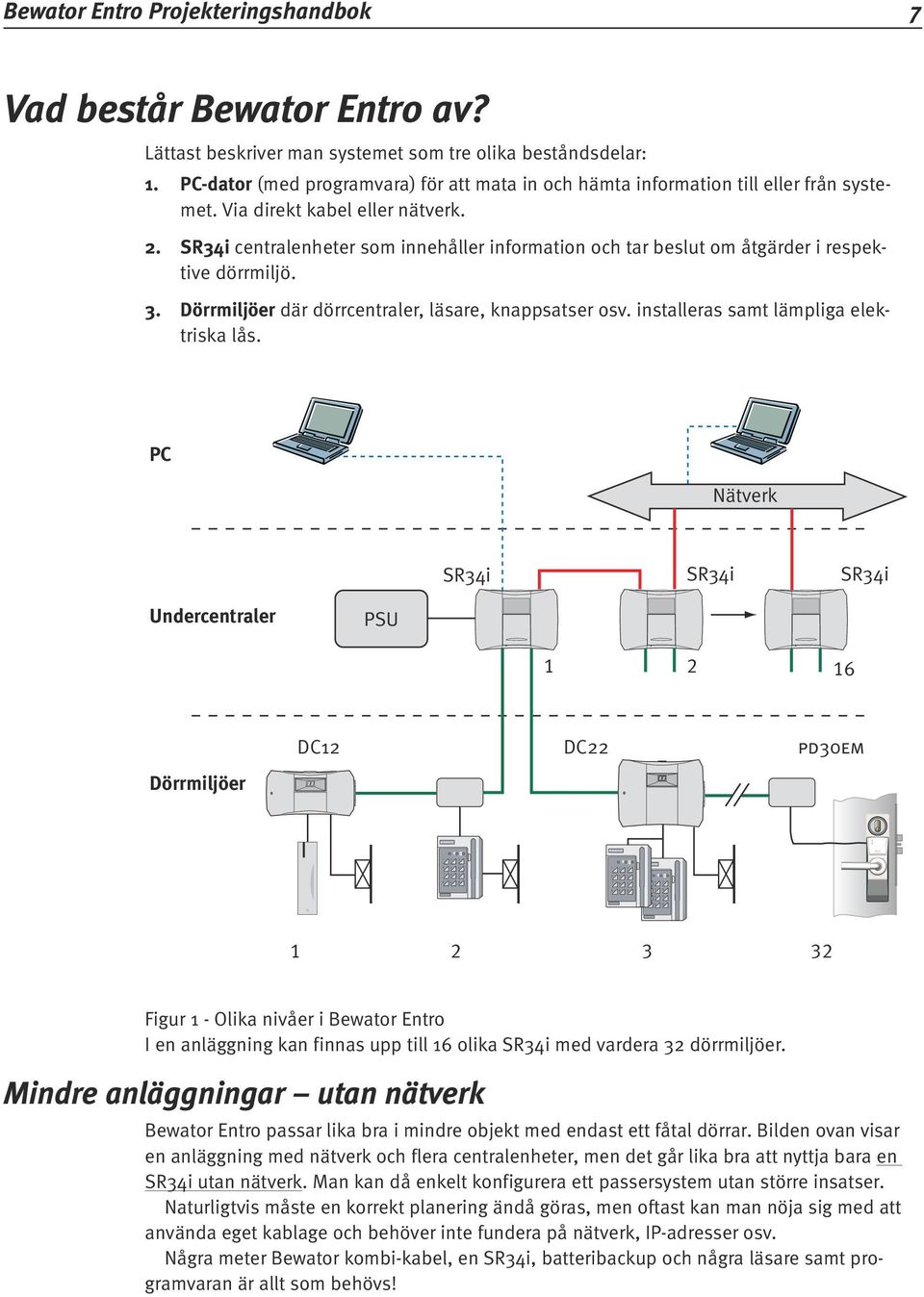 Via direkt kabel eller nätverk. SR34i centralenheter som innehåller information och tar beslut om åtgärder i respektive dörrmiljö. Dörrmiljöer där dörrcentraler, läsare, knappsatser osv.