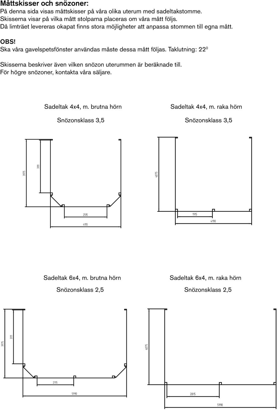 Taklutning: 22 0 Skisserna beskriver även vilken snözon uterummen är beräknade till. För högre snözoner, kontakta våra säljare. Sadeltak 4x4, m. brutna hörn Sadeltak 4x4, m.