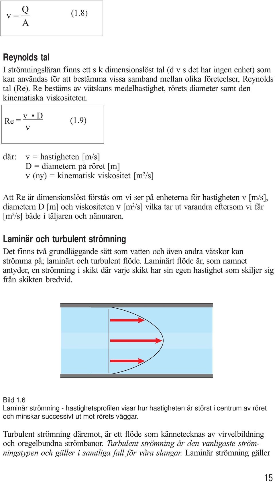 9) ν där: v = hastigheten [m/s] D = diametern på röret [m] ν (ny) = kinematisk viskositet [m 2 /s] Att Re är dimensionslöst förstås om vi ser på enheterna för hastigheten v [m/s], diametern D [m] och