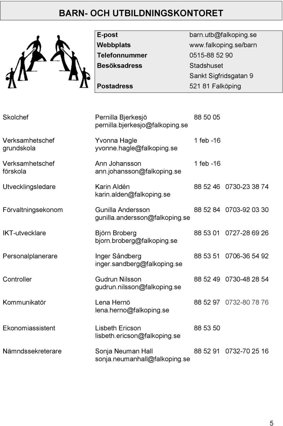 se/barn Telefonnummer 0515-88 52 90 Besöksadress Stadshuset Sankt Sigfridsgatan 9 Postadress 521 81 Falköping Skolchef Verksamhetschef grundskola Verksamhetschef förskola Utvecklingsledare