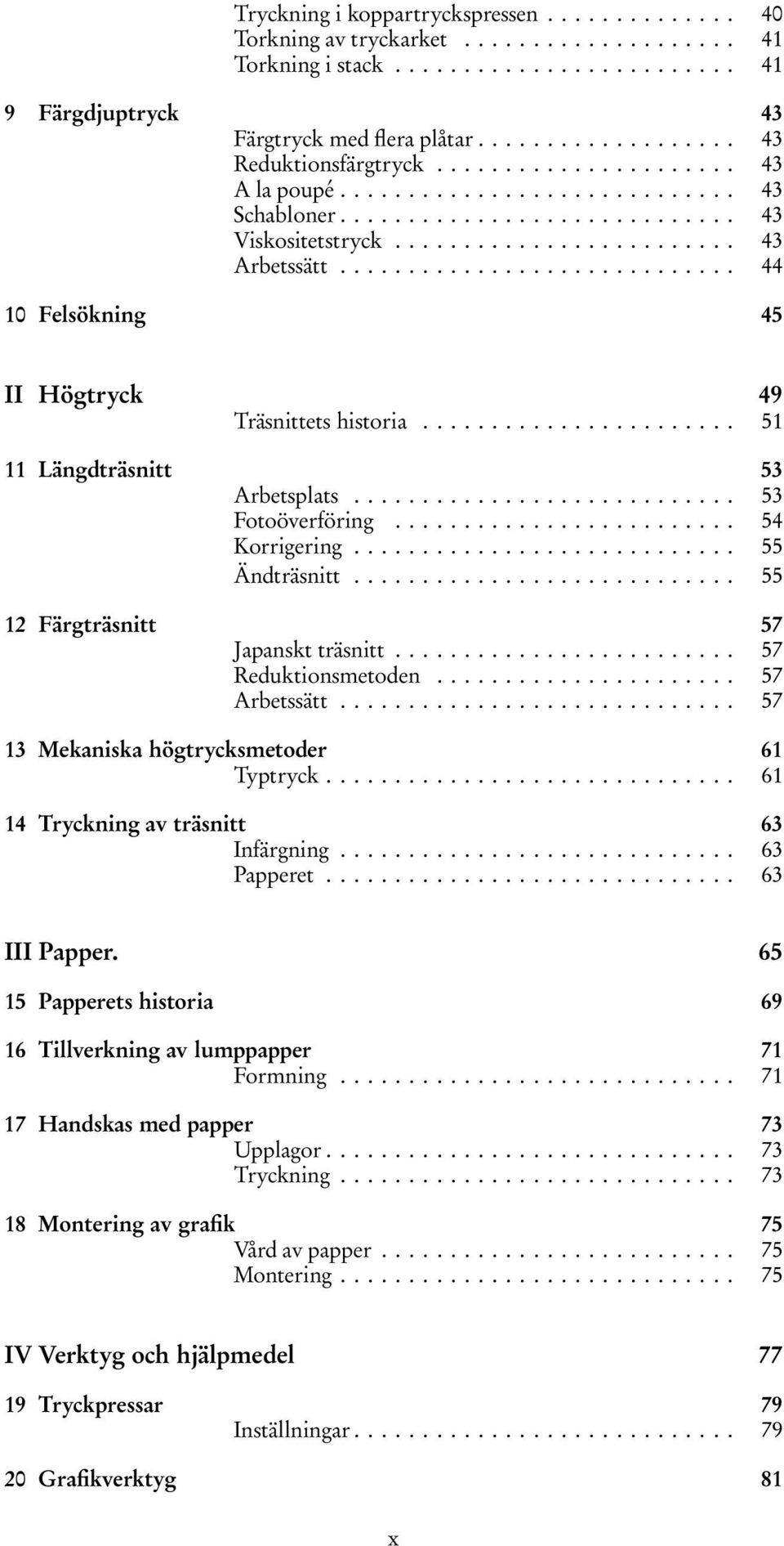 ............................ 44 10 Felsökning 45 II Högtryck 49 Träsnittets historia....................... 51 11 Längdträsnitt 53 Arbetsplats............................ 53 Fotoöverföring.