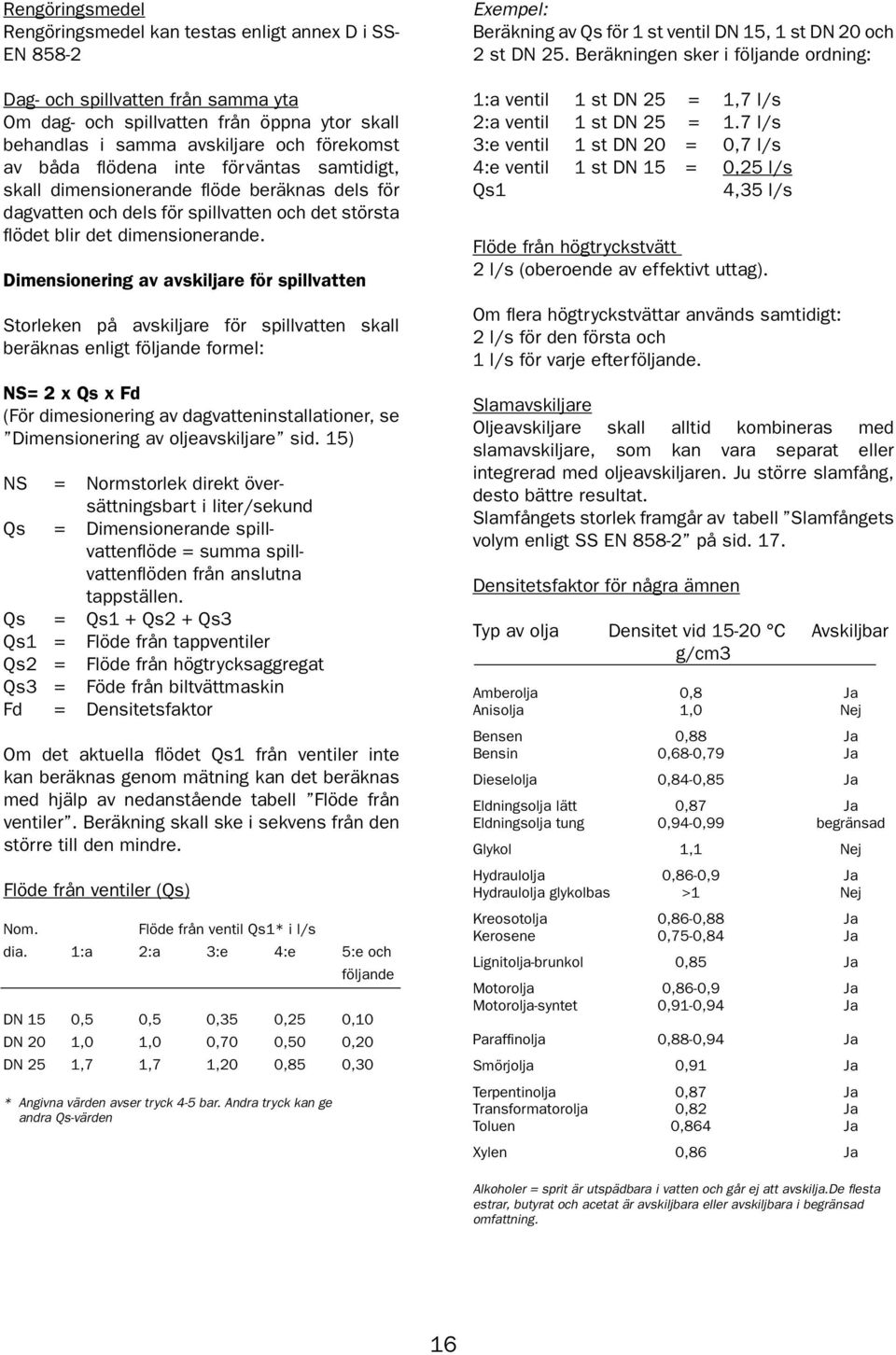 Dimensionering av avskiljare för spillvatten Storleken på avskiljare för spillvatten skall beräknas enligt följande formel: NS= 2 x Qs x Fd (För dimesionering av dagvatteninstallationer, se