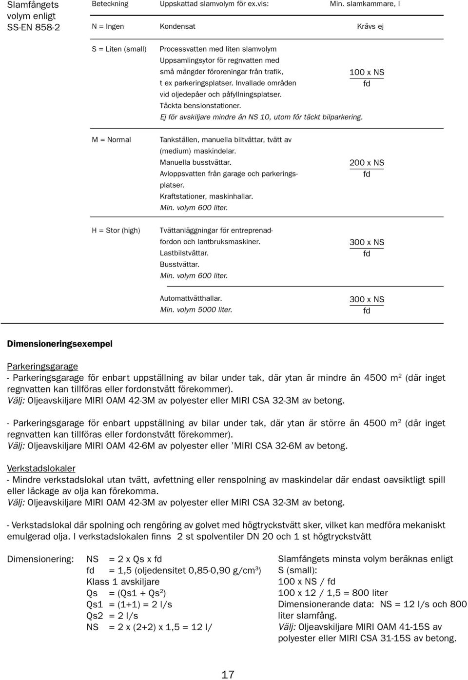 parkeringsplatser. Invallade områden fd vid oljedepåer och påfyllningsplatser. Täckta bensionstationer. Ej för avskiljare mindre än NS 10, utom för täckt bilparkering.