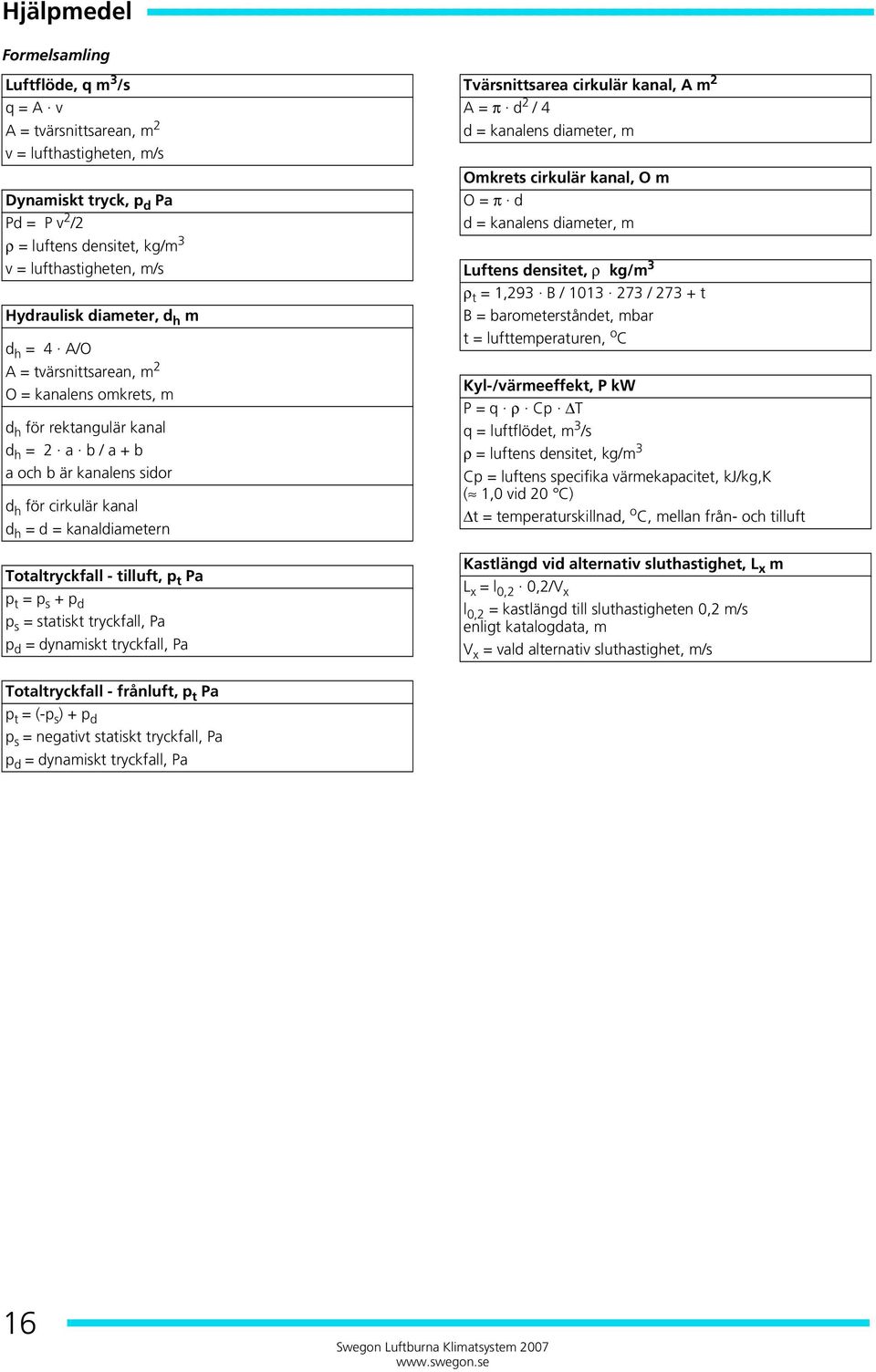 är kanalens sidor d h för cirkulär kanal d h = d = kanaldiametern Totaltryckfall - tilluft, p t Pa p t = p s + p d p s = statiskt tryckfall, Pa p d = dynamiskt tryckfall, Pa Tvärsnittsarea cirkulär