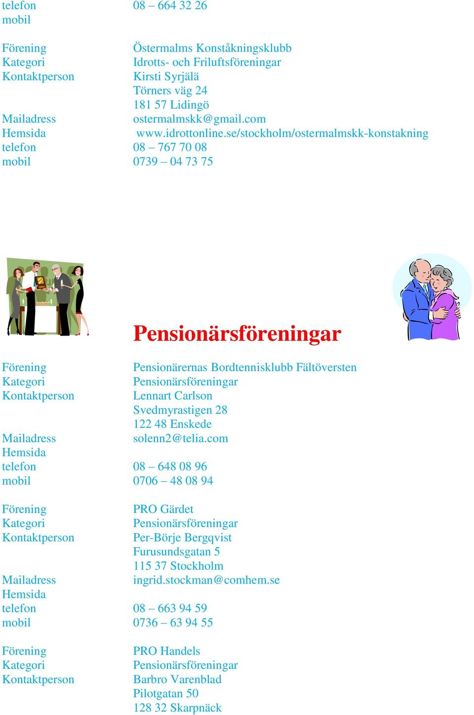 se/stockholm/ostermalmskk-konstakning 08 648 08 96 0706 48 08 94 Pensionärernas Bordtennisklubb Fältöversten Lennart Carlson