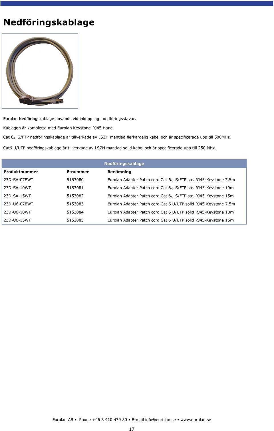 Cat6 U/UTP nedföringskablage är tillverkade av LSZH mantlad solid kabel och är specificerade upp till 250 MHz. Nedföringskablage 23D-SA-07EWT 5153080 Eurolan Adapter Patch cord Cat 6 A S/FTP str.