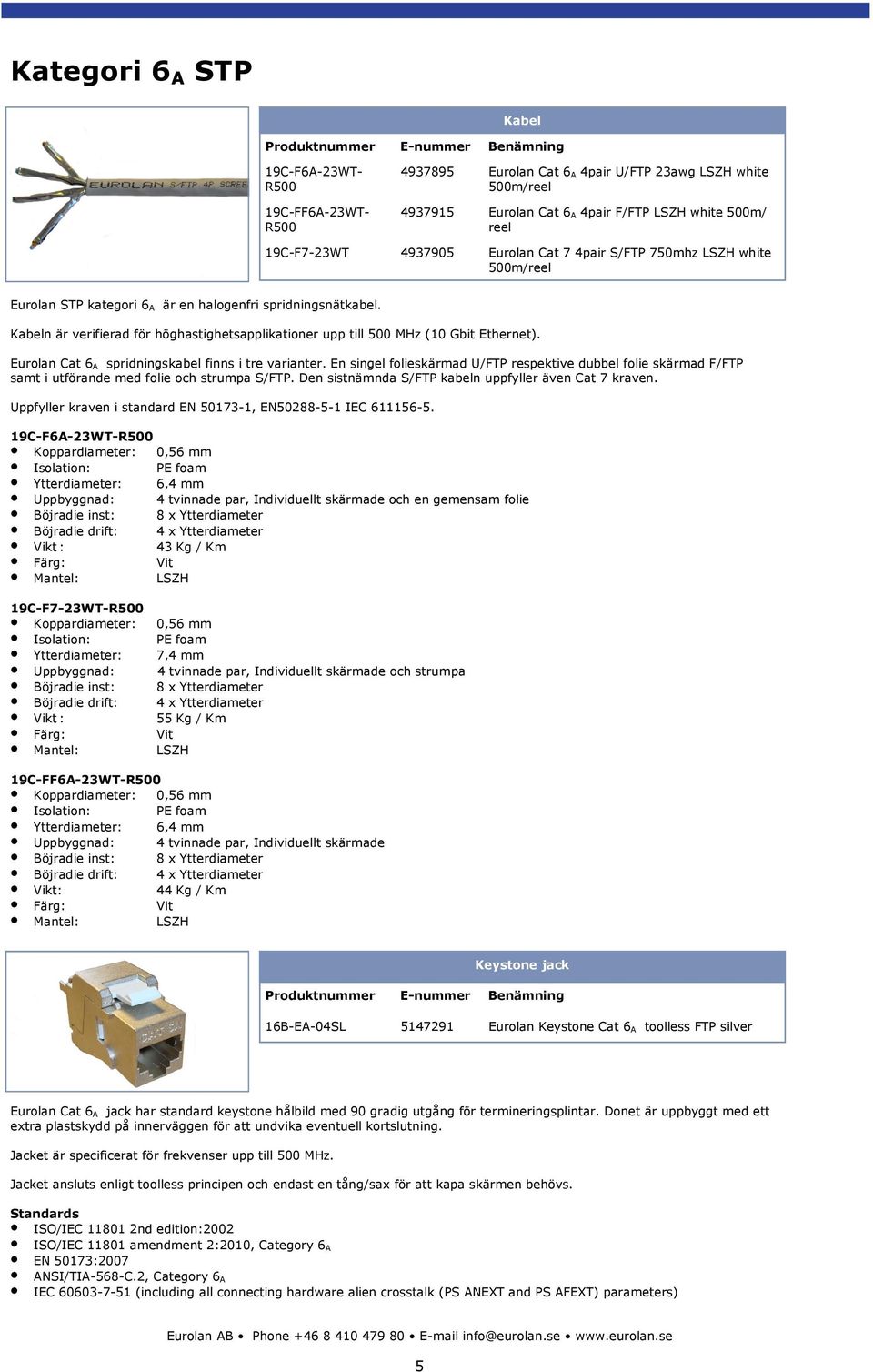 Kabeln är verifierad för höghastighetsapplikationer upp till 500 MHz (10 Gbit Ethernet). Eurolan Cat 6 A spridningskabel finns i tre varianter.