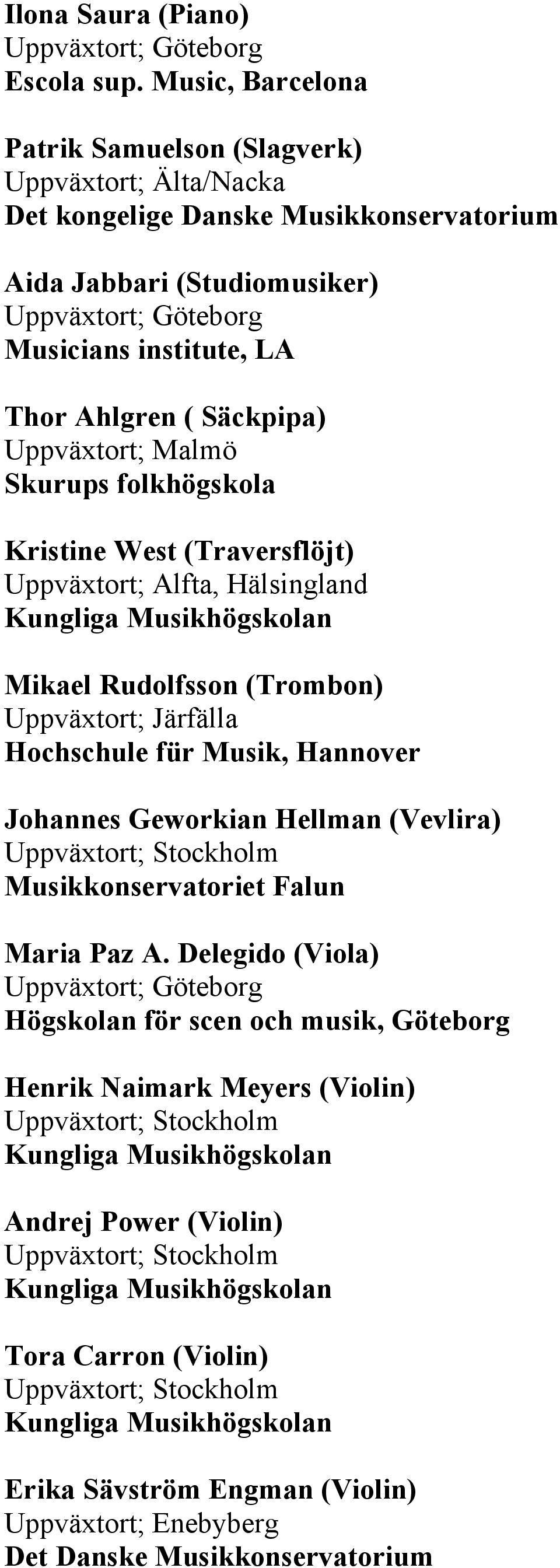 Ahlgren ( Säckpipa) Uppväxtort; Malmö Skurups folkhögskola Kristine West (Traversflöjt) Uppväxtort; Alfta, Hälsingland Mikael Rudolfsson (Trombon) Uppväxtort; Järfälla