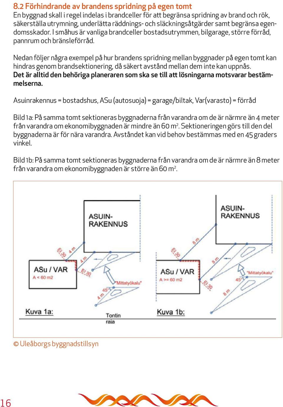 Nedan följer några exempel på hur brandens spridning mellan byggnader på egen tomt kan hindras genom brandsektionering, då säkert avstånd mellan dem inte kan uppnås.