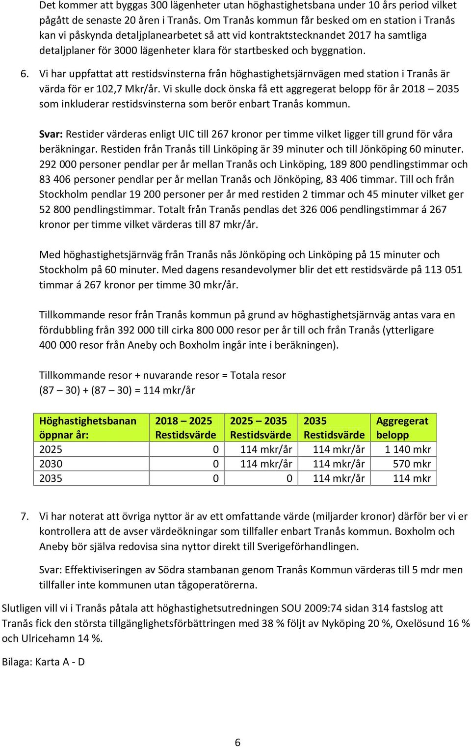 6. Vi har uppfattat att restidsvinsterna från höghastighetsjärnvägen med station i Tranås är värda för er 12,7 Mkr/år.