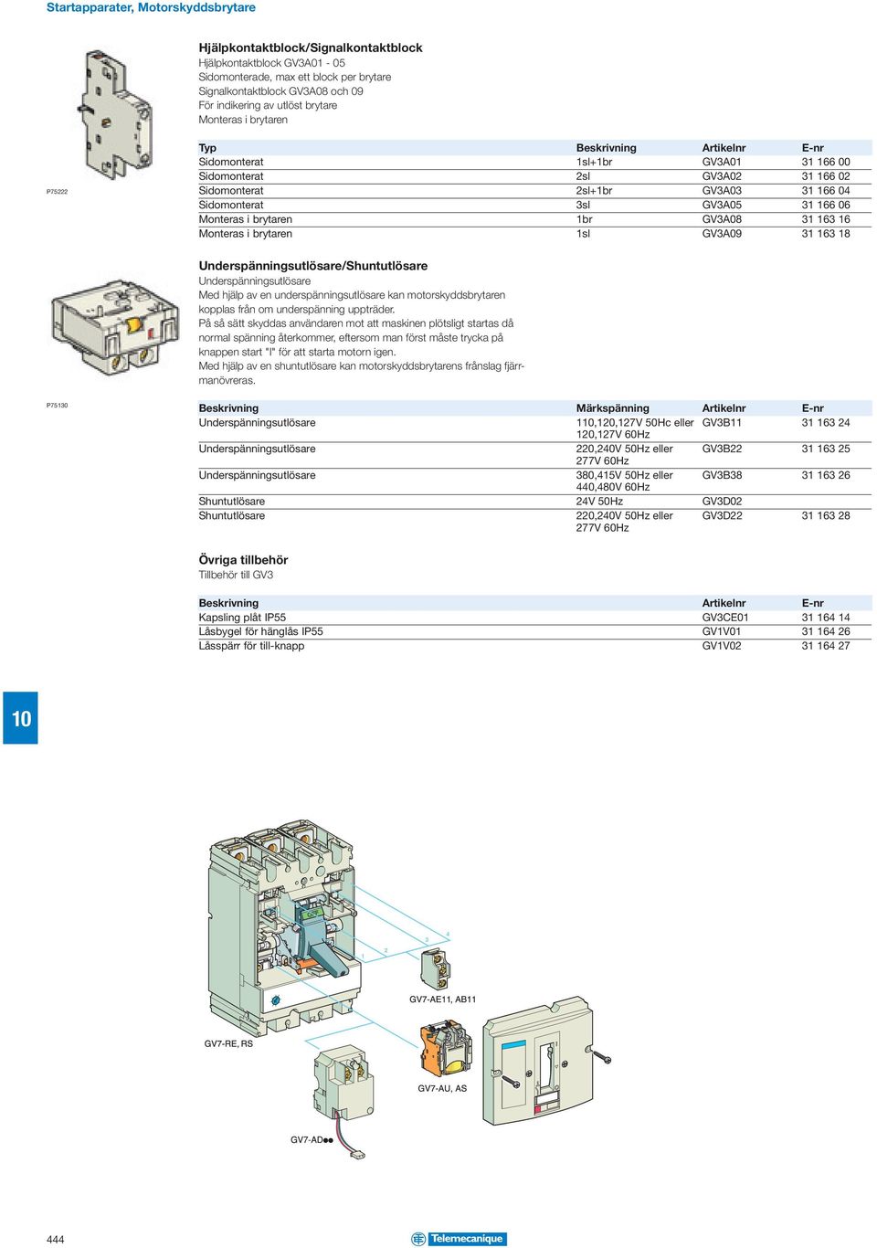 31 166 06 Monteras i brytaren 1br GV3A08 31 163 16 Monteras i brytaren 1sl GV3A09 31 163 18 Underspänningsutlösare/Shuntutlösare Underspänningsutlösare Med hjälp av en underspänningsutlösare kan