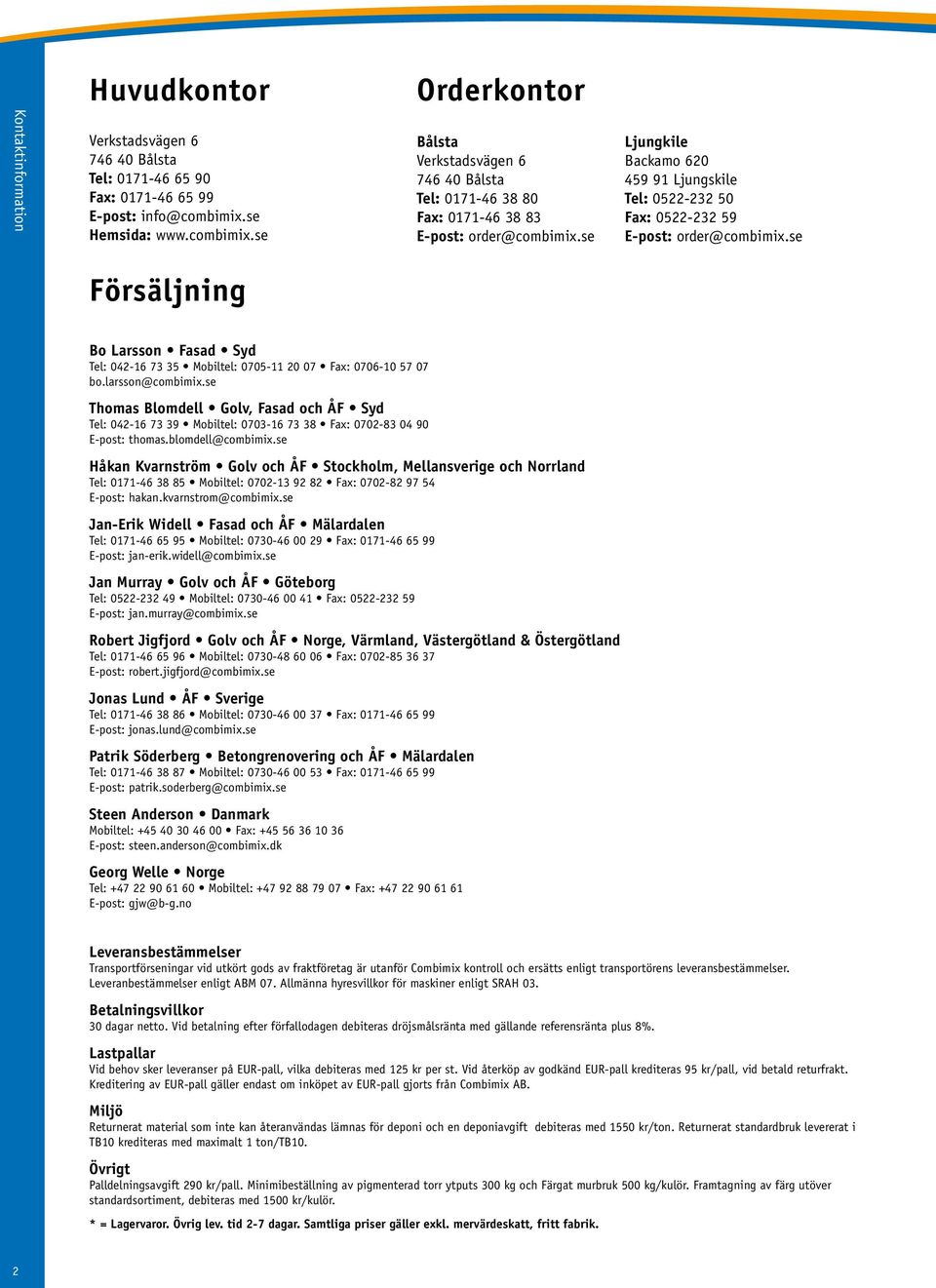se Ljungkile Backamo 620 459 91 Ljungskile Tel: 0522-232 50 Fax: 0522-232 59 E-post: order@combimix.se Försäljning Bo Larsson Fasad Syd Tel: 042-16 73 35 Mobiltel: 0705-11 20 07 Fax: 0706-10 57 07 bo.
