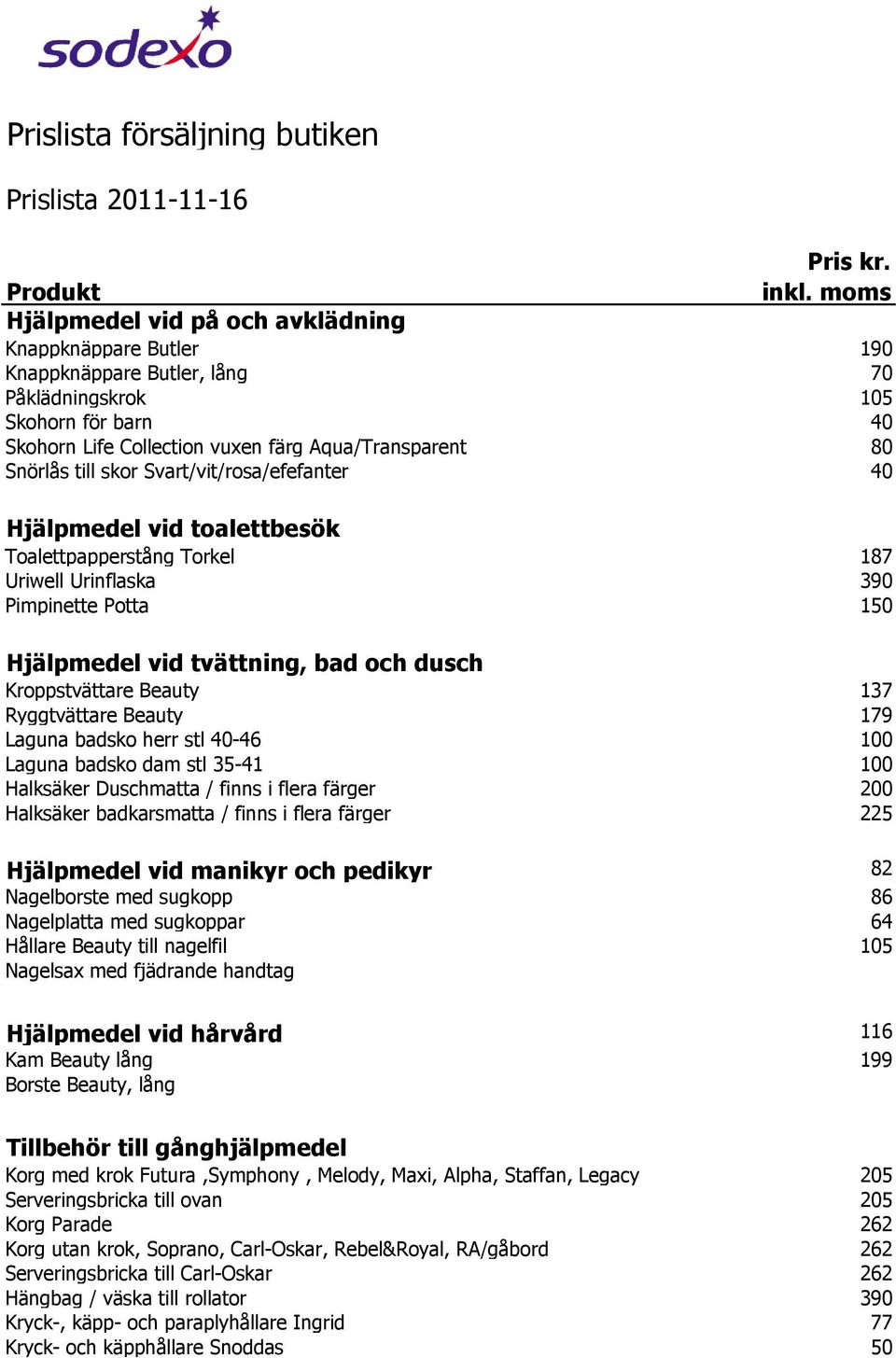 till skor Svart/vit/rosa/efefanter 40 Hjälpmedel vid toalettbesök Toalettpapperstång Torkel 187 Uriwell Urinflaska 390 Pimpinette Potta 150 Hjälpmedel vid tvättning, bad och dusch Kroppstvättare