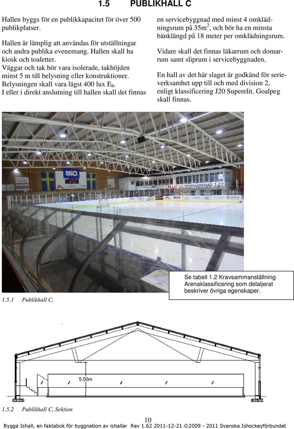 I eller i direkt anslutning till hallen skall det finnas en servicebyggnad med minst 4 omklädningsrum på 35m 2, och bör ha en minsta bänklängd på 18 meter per omklädningsrum.