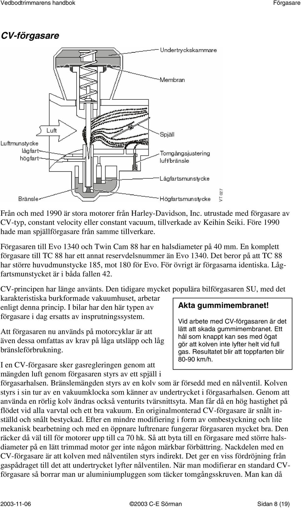 Det beror på att TC 88 har större huvudmunstycke 185, mot 180 för Evo. För övrigt är förgasarna identiska. Lågfartsmunstycket är i båda fallen 42. CV-principen har länge använts.