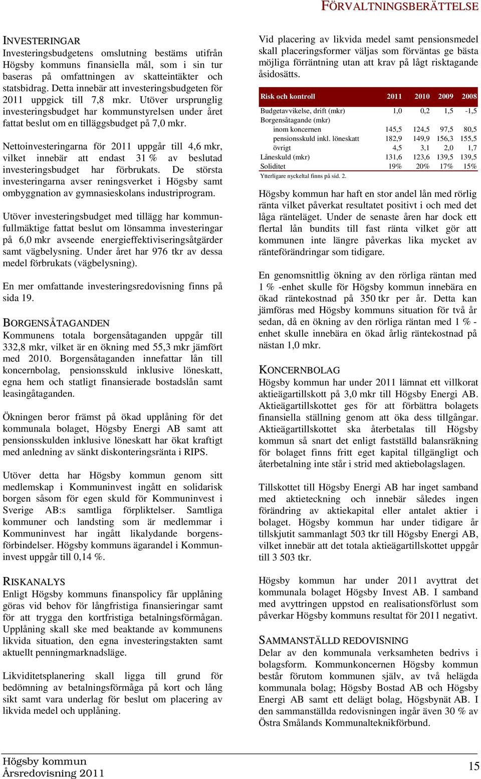 Nettoinvesteringarna för 2011 uppgår till 4,6 mkr, vilket innebär att endast 31 % av beslutad investeringsbudget har förbrukats.