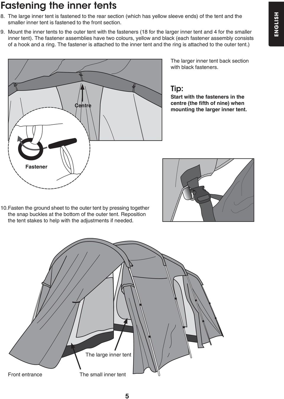 The fastener assemblies have two colours, yellow and black (each fastener assembly consists of a hook and a ring. The fastener is attached to the inner tent and the ring is attached to the outer tent.