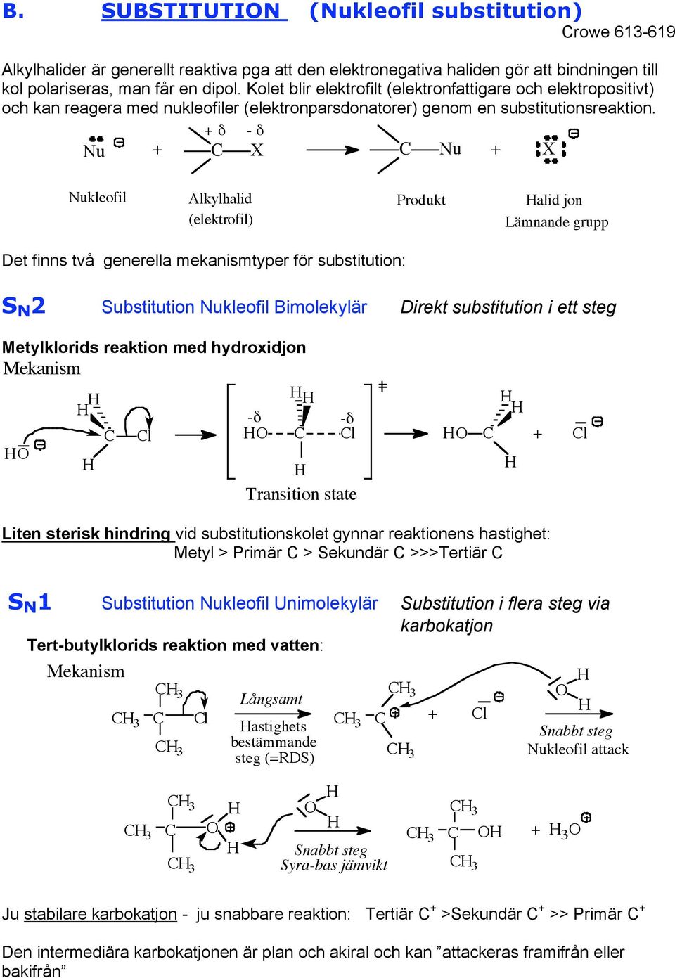 Nu + X Nu + X Nukleofil Alkylhalid (elektrofil) Produkt alid jon Lämnande grupp Det finns två generella mekanismtyper för substitution: S N 2 Substitution Nukleofil Bimolekylär Direkt substitution i