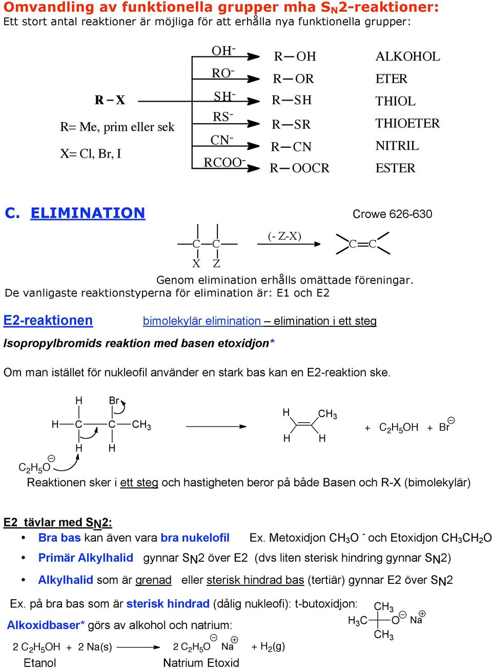 De vanligaste reaktionstyperna för elimination är: E1 och E2 E2-reaktionen bimolekylär elimination elimination i ett steg Isopropylbromids reaktion med basen etoxidjon* m man istället för nukleofil