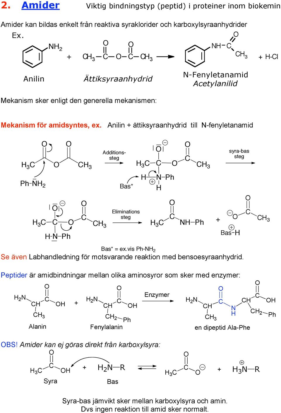 Anilin + ättiksyraanhydrid till N-fenyletanamid 3 Ph N 2 3 N Ph Additionssteg Bas* Eliminations steg 3 N Ph 3 N Ph + syra-bas steg Bas Bas* = ex.