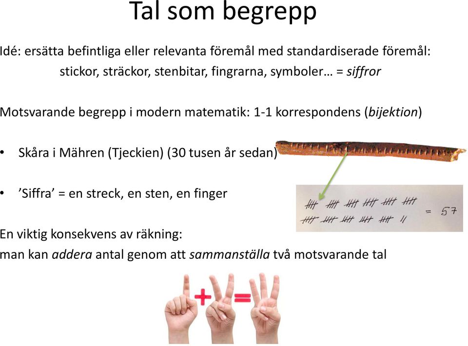 1-1 korrespondens (bijektion) Skåra i Mähren (Tjeckien) (30 tusen år sedan) Siffra = en streck, en