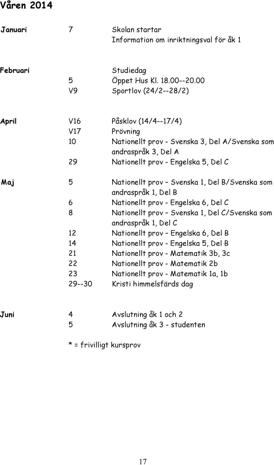 Nationellt prov Svenska 1, Del B/Svenska som andraspråk 1, Del B 6 Nationellt prov - Engelska 6, Del C 8 Nationellt prov Svenska 1, Del C/Svenska som andraspråk 1, Del C 12 Nationellt prov