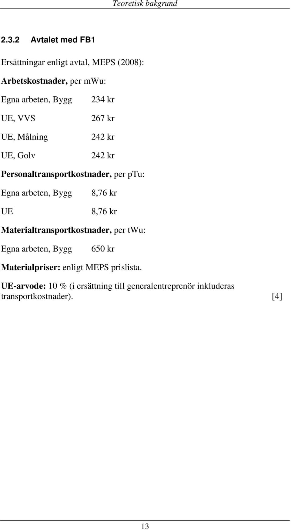 UE, Målning UE, Golv 234 kr 267 kr 242 kr 242 kr Personaltransportkostnader, per ptu: Egna arbeten, Bygg UE 8,76